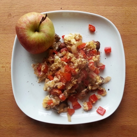 Sunday Breakfast - scrambled egg with red bell pepper, mushrooms, shallots, garlic - apple
