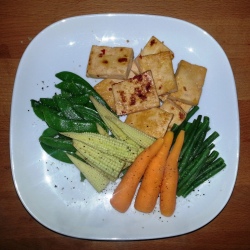 Sunday Dinner - pan-seared marinated tofu and steamed veggies (green beans, baby corn, carrots, sugar snap peas)