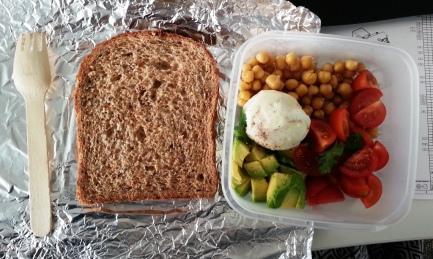 Monday Lunch - chickpeas, avocado, cherry tomatoes, hard boiled egg - whole grain and seed toast