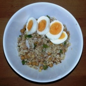 Tuesday Diner - friend rice (rice, chickpeas, green bell pepper, shallot, garlic, chili oil) and hard boiled egg