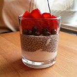 Friday BREAKFAST - homemade chia pudding, Greek yogurt, freeze dried blueberries, fresh strawberries